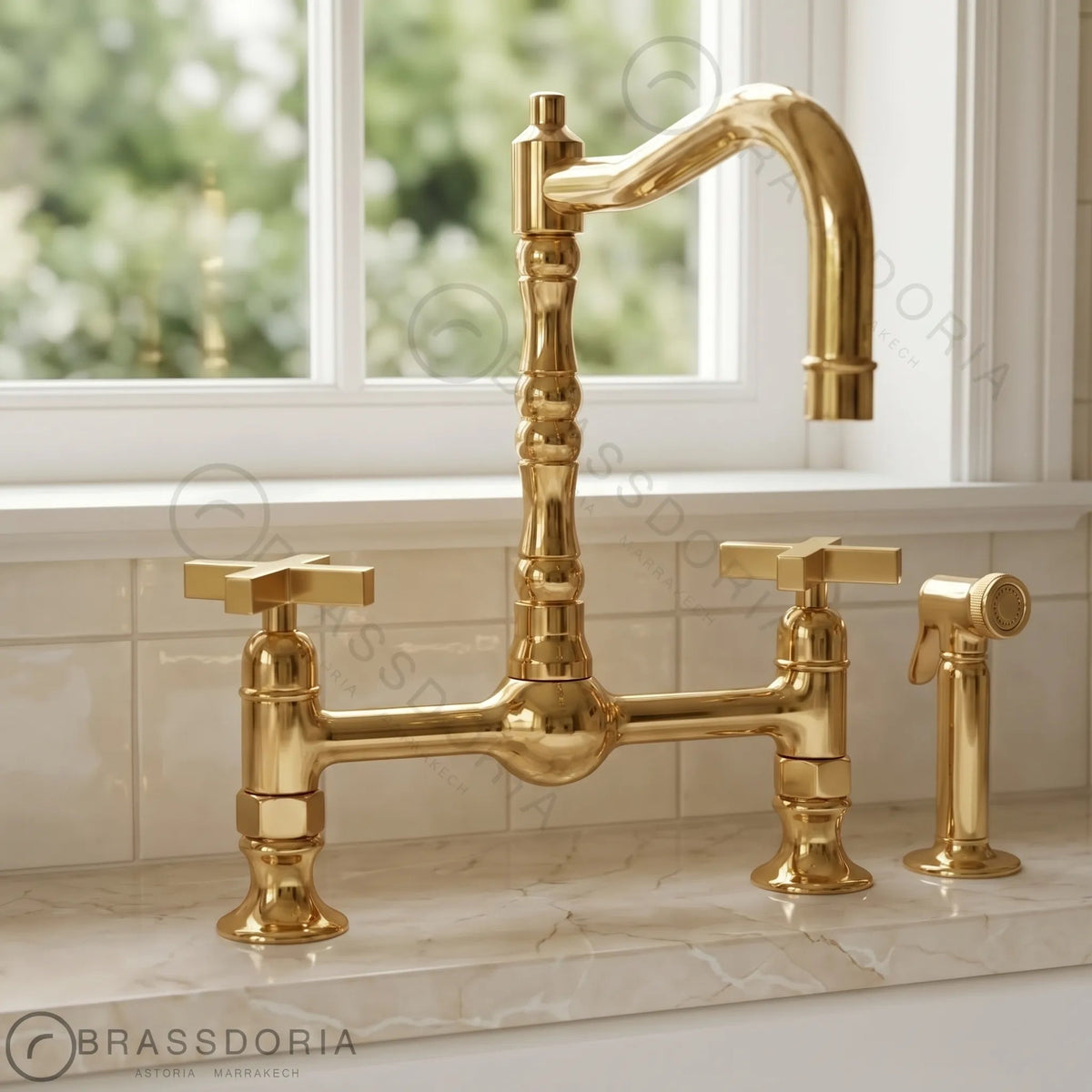 Antique Brass Bridge Kitchen Faucet - Solid Brass Vintage Tap - BRASSDORIA