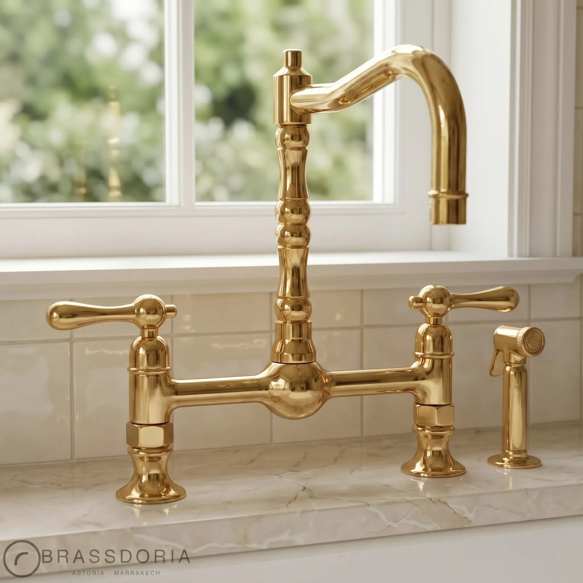 Antique Brass Bridge Kitchen Faucet - Solid Brass Vintage Tap - BRASSDORIA