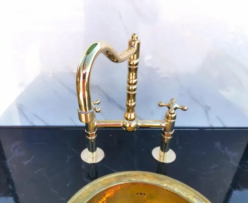 Antique Brass Bridge Kitchen Faucet - Solid Brass Vintage Tap - BRASSDORIA