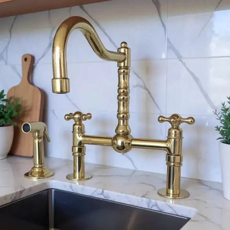 Antique Brass Bridge Kitchen Faucet - Solid Brass Vintage Tap - BRASSDORIA