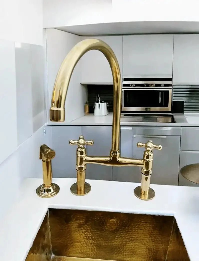 Antique Brass Bridge Kitchen Faucet With Curved Legs - Brass Kitchen Tap - BRASSDORIA