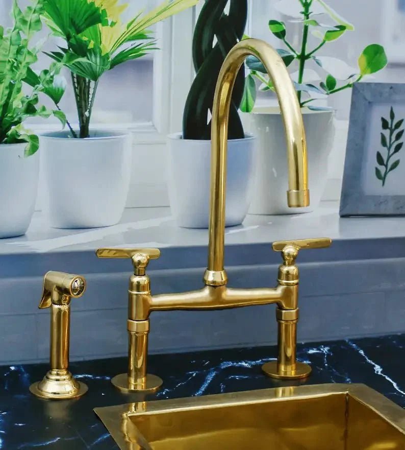 Antique Brass Bridge Kitchen Faucet With Curved Legs - Brass Kitchen Tap - BRASSDORIA