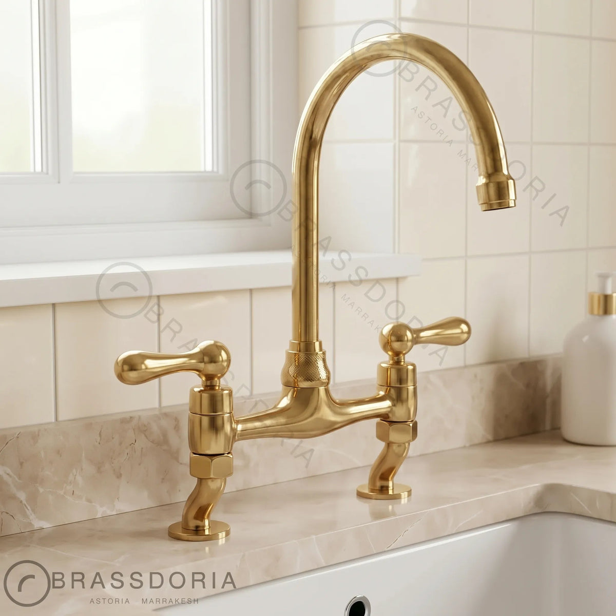 Antique Brass Bridge Kitchen Faucet With Curved Legs - Brass Kitchen Tap - BRASSDORIA