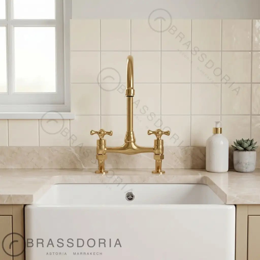 Antique Brass Bridge Kitchen Faucet With Curved Legs - Brass Kitchen Tap - BRASSDORIA