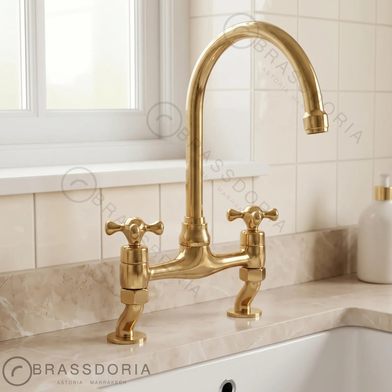 Antique Brass Bridge Kitchen Faucet With Curved Legs - Brass Kitchen Tap - BRASSDORIA