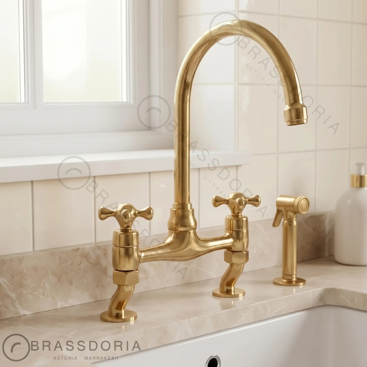 Antique Brass Bridge Kitchen Faucet With Curved Legs - Brass Kitchen Tap - BRASSDORIA