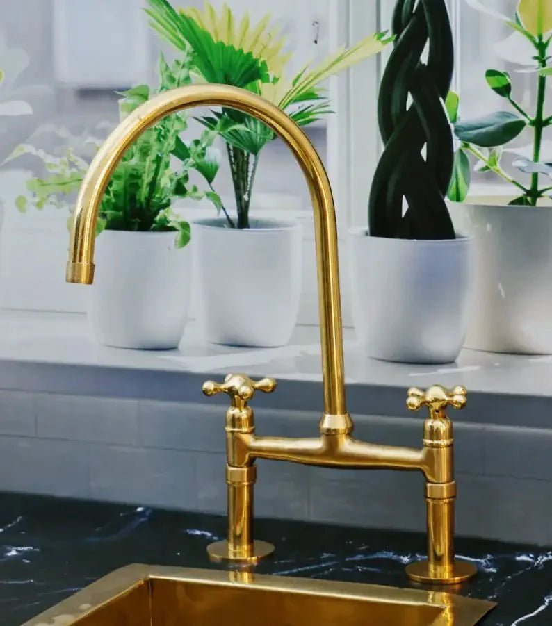 Antique Brass Bridge Kitchen Faucet With Curved Legs - Brass Kitchen Tap - BRASSDORIA