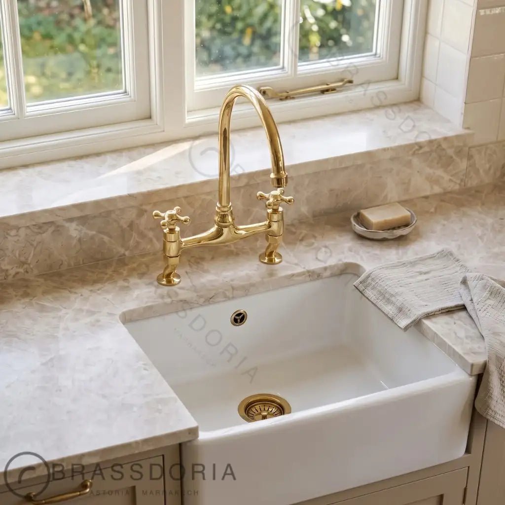 Antique Brass Bridge Kitchen Faucet With Curved Legs - Brass Kitchen Tap - BRASSDORIA