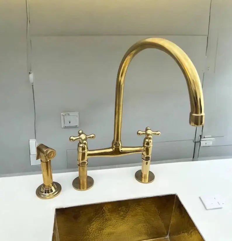 Antique Brass Bridge Kitchen Faucet With Curved Legs - Brass Kitchen Tap - BRASSDORIA