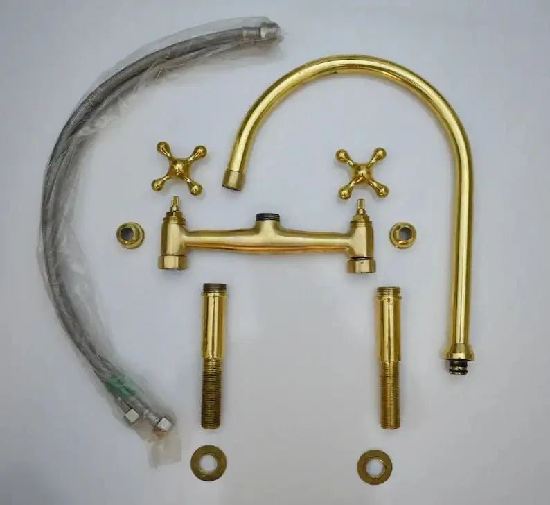 Antique Brass Bridge Kitchen Faucet With Curved Legs - Brass Kitchen Tap - BRASSDORIA