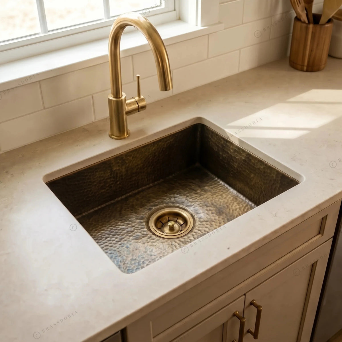 Antique Brass Undermount Single Kitchen Sink – Hammered Patina Brass - BRASSDORIA