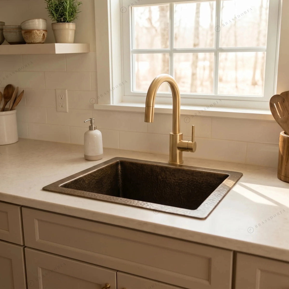 Antique Brass Undermount Single Kitchen Sink – Hammered Patina Brass - BRASSDORIA
