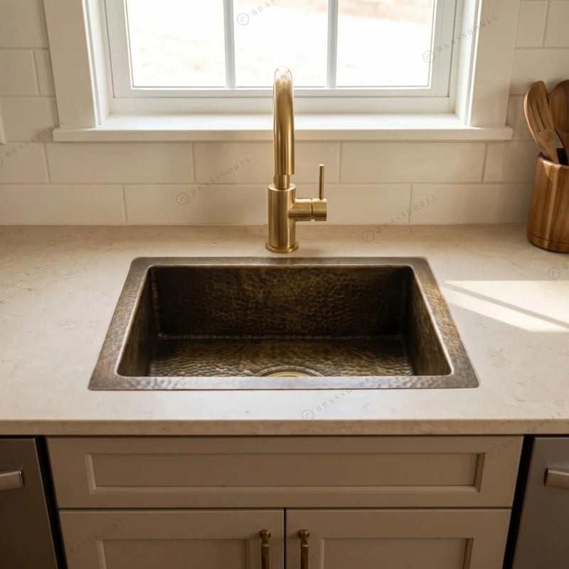 Antique Brass Undermount Single Kitchen Sink – Hammered Patina Brass - BRASSDORIA