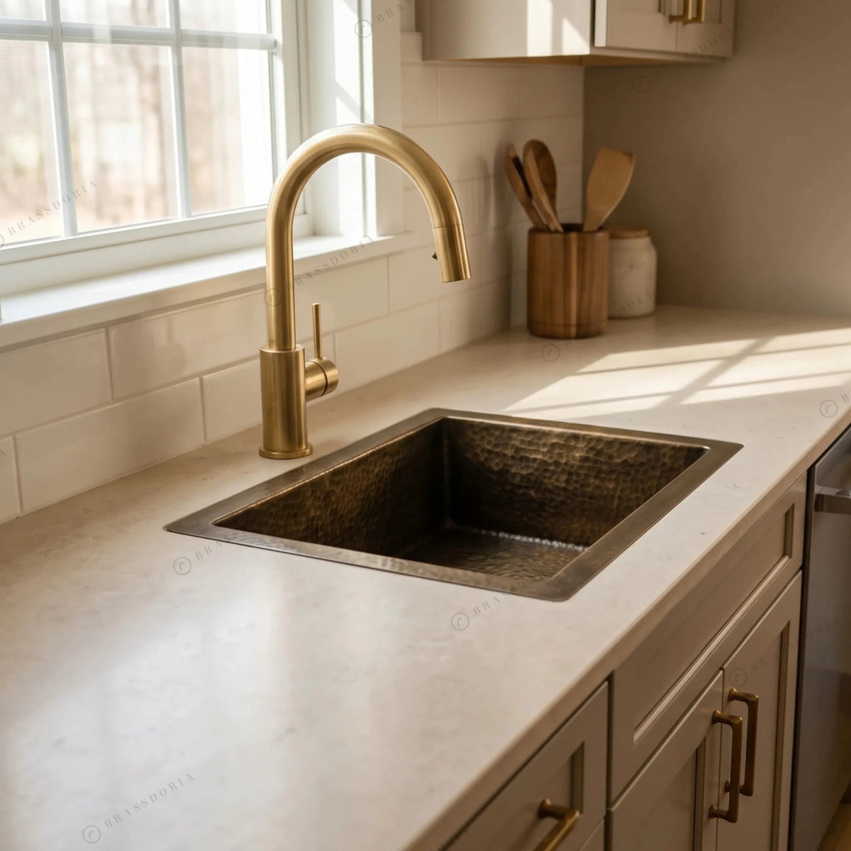 Antique Brass Undermount Single Kitchen Sink – Hammered Patina Brass - BRASSDORIA