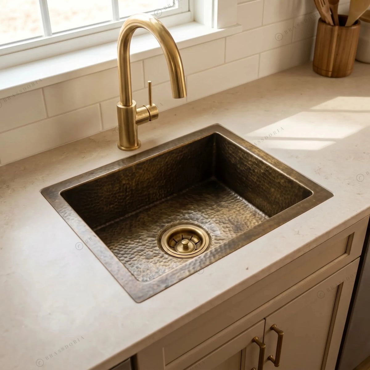 Antique Brass Undermount Single Kitchen Sink – Hammered Patina Brass - BRASSDORIA