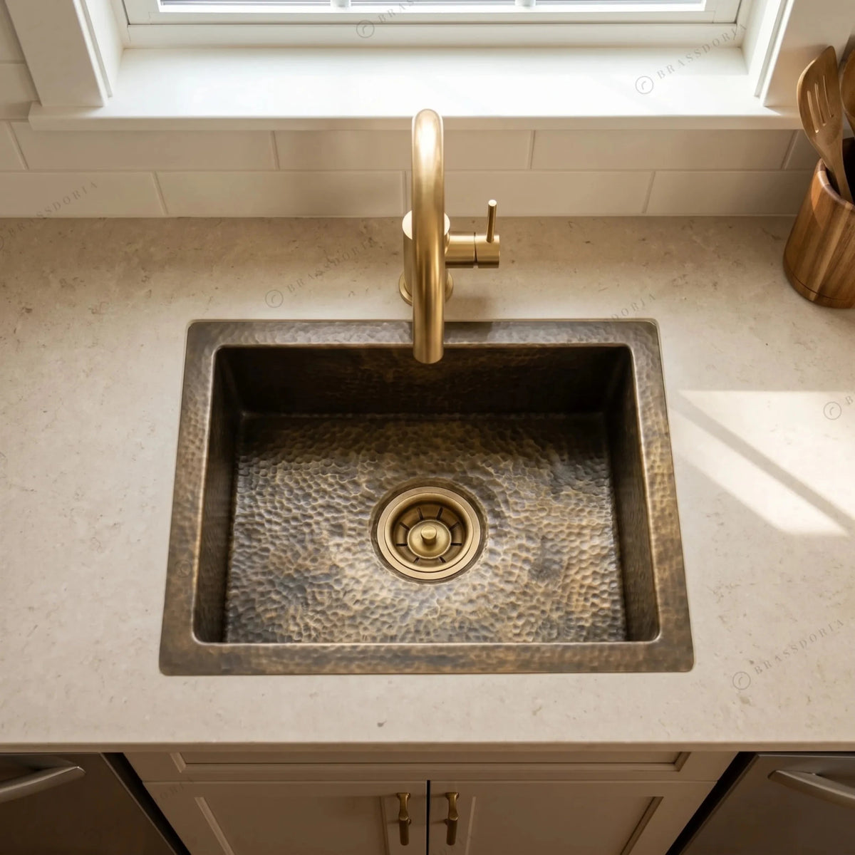 Antique Brass Undermount Single Kitchen Sink – Hammered Patina Brass - BRASSDORIA
