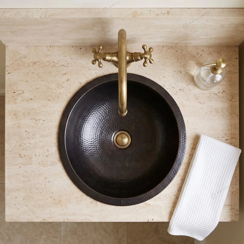 Black Hammered Copper Drop-In Sink – Round Bathroom Vanity Basin - BRASSDORIA