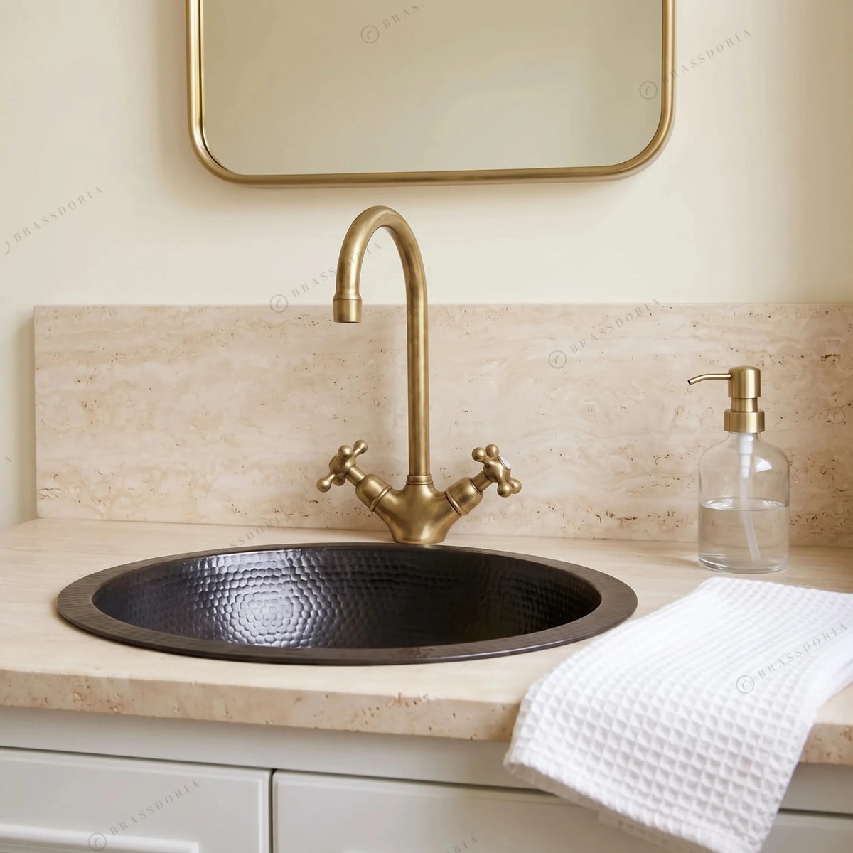 Black Hammered Copper Drop-In Sink – Round Bathroom Vanity Basin - BRASSDORIA