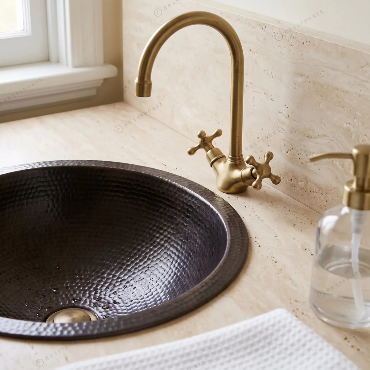 Black Hammered Copper Drop-In Sink – Round Bathroom Vanity Basin - BRASSDORIA