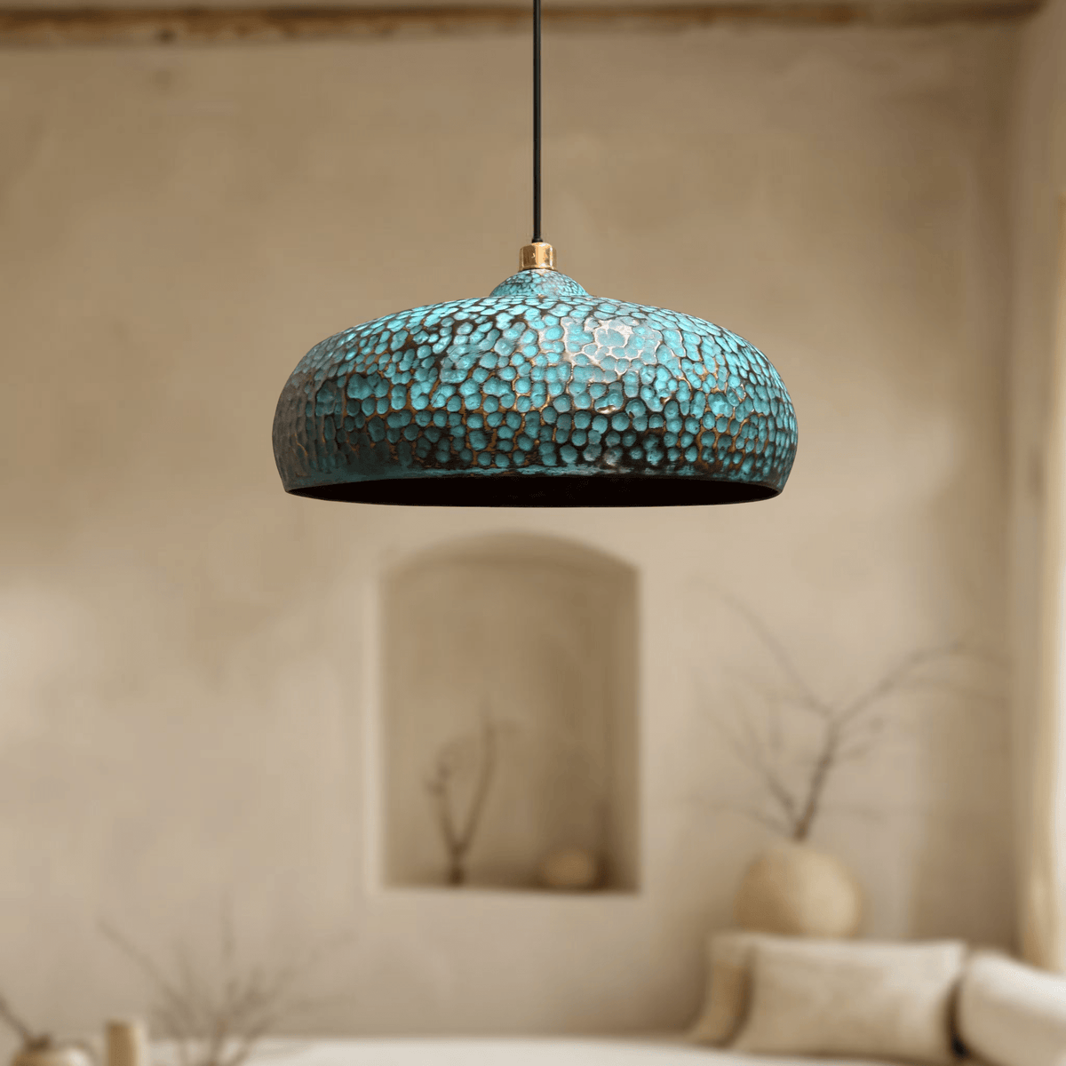 Blue Patina Brass Pendant Lights – Handcrafted Oxidized Dome Fixtures for Kitchen Islands - BRASSDORIA