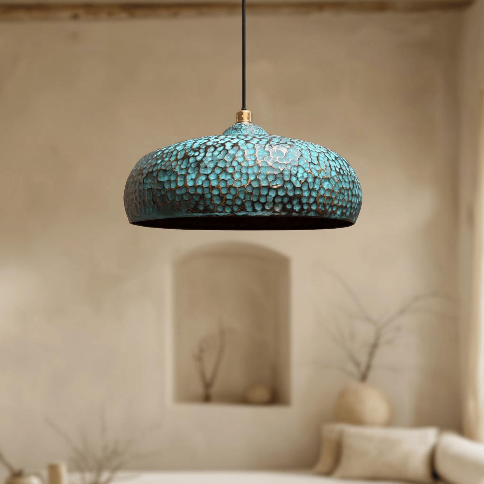 Blue Patina Brass Pendant Lights – Handcrafted Oxidized Dome Fixtures for Kitchen Islands - BRASSDORIA