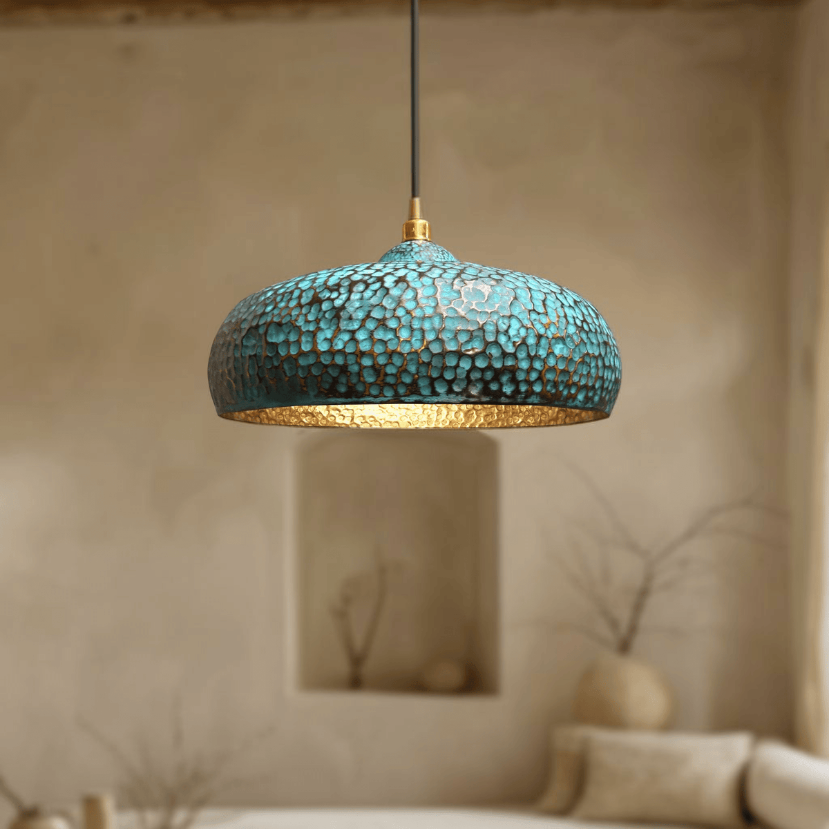 Blue Patina Brass Pendant Lights – Handcrafted Oxidized Dome Fixtures for Kitchen Islands - BRASSDORIA