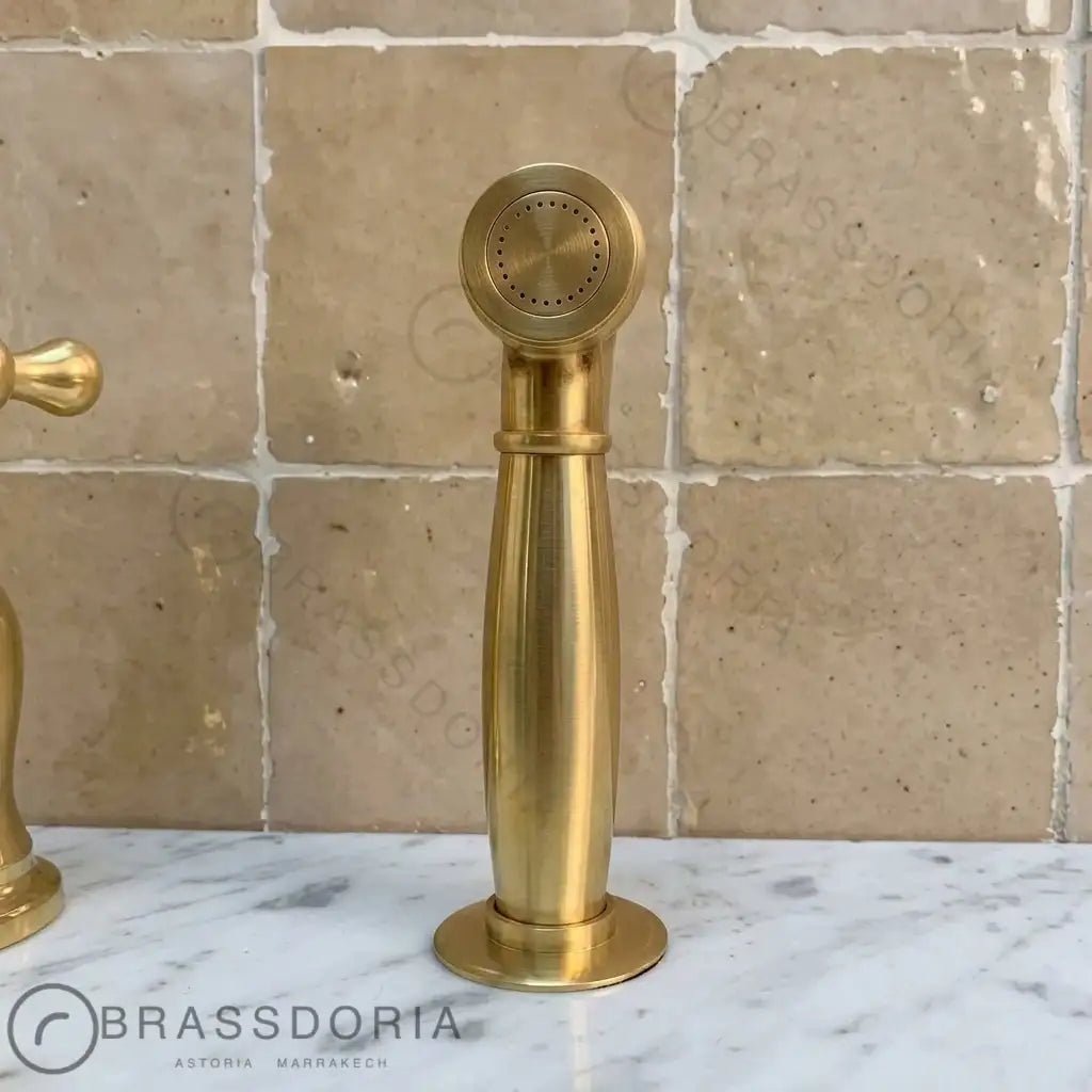 Brass Antique Bridge Kitchen Faucet, V Shaped Unlacquered Brass Tap - BRASSDORIA