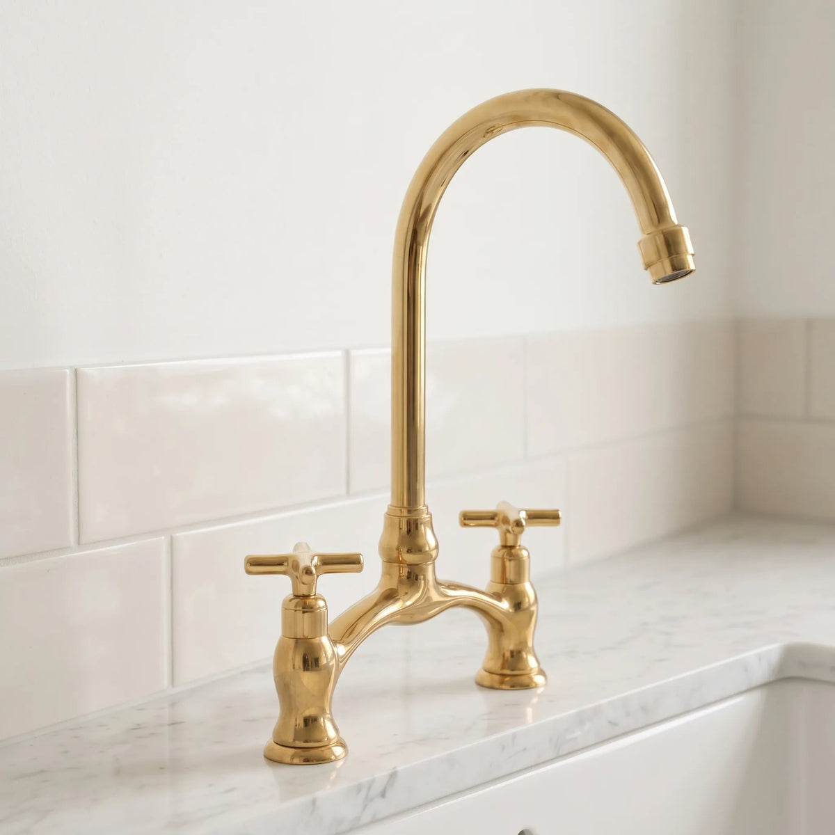 Brass Antique Bridge Kitchen Faucet, V Shaped Unlacquered Brass Tap - BRASSDORIA