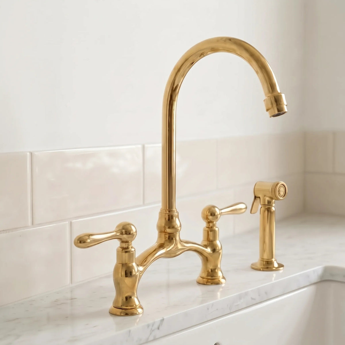 Brass Antique Bridge Kitchen Faucet, V Shaped Unlacquered Brass Tap - BRASSDORIA