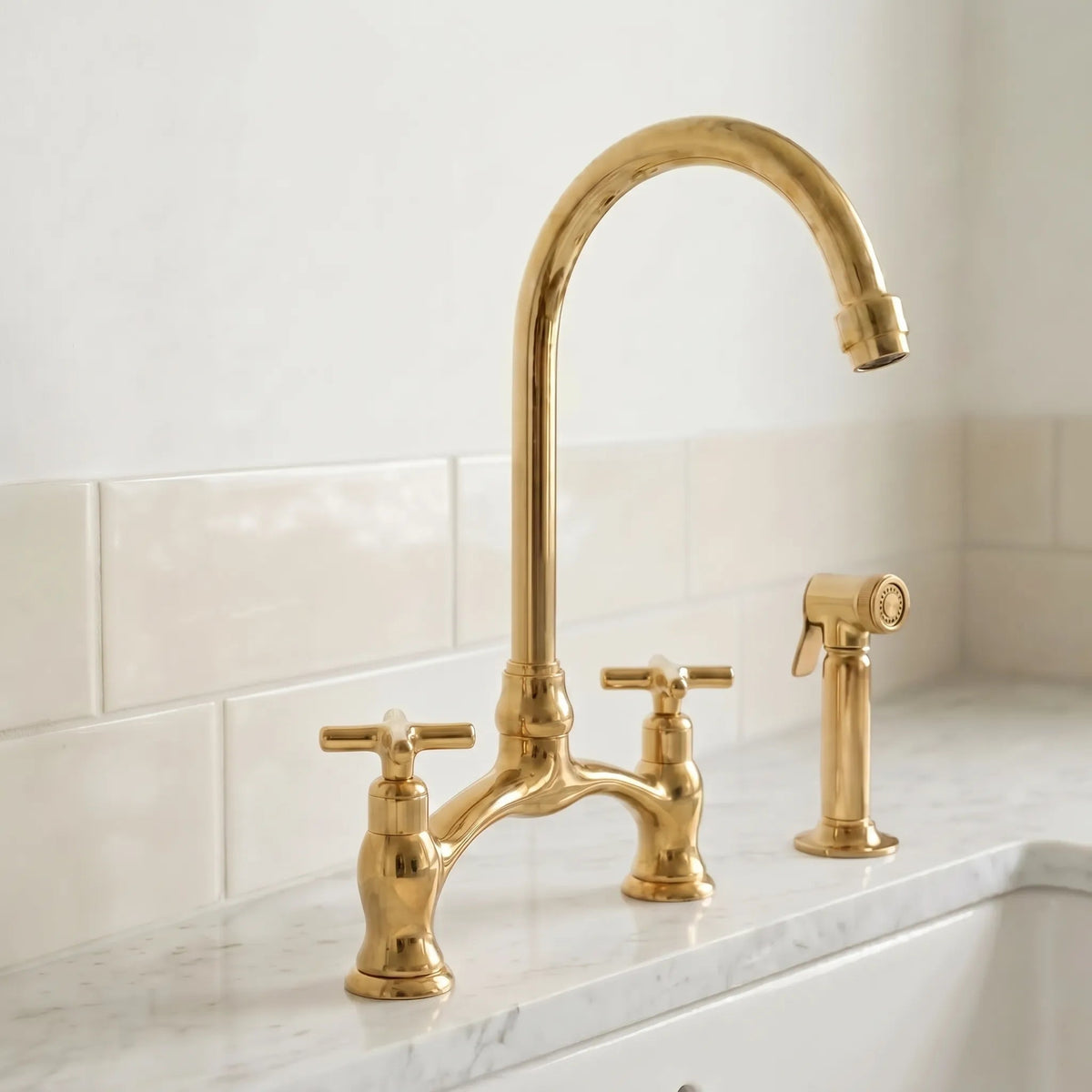 Brass Antique Bridge Kitchen Faucet, V Shaped Unlacquered Brass Tap - BRASSDORIA