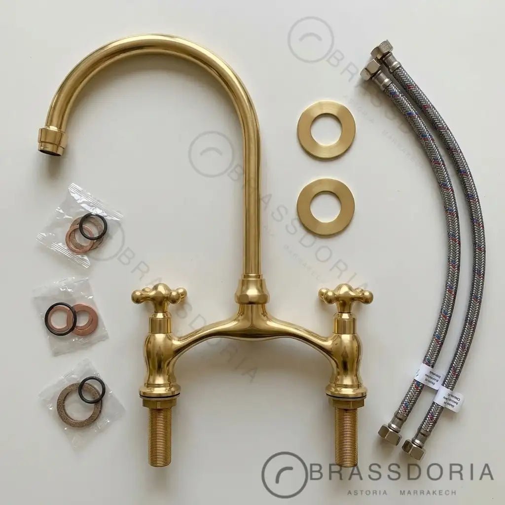 Brass Antique Bridge Kitchen Faucet, V Shaped Unlacquered Brass Tap - BRASSDORIA