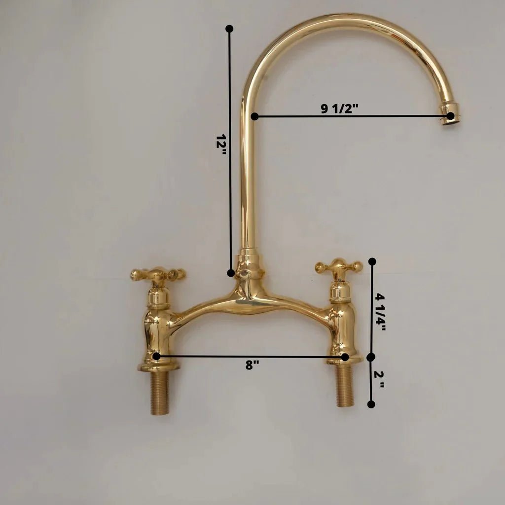 Brass Antique Bridge Kitchen Faucet, V Shaped Unlacquered Brass Tap - BRASSDORIA