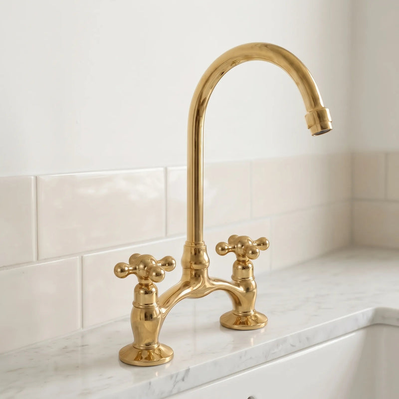 Brass Antique Bridge Kitchen Faucet, V Shaped Unlacquered Brass Tap - BRASSDORIA