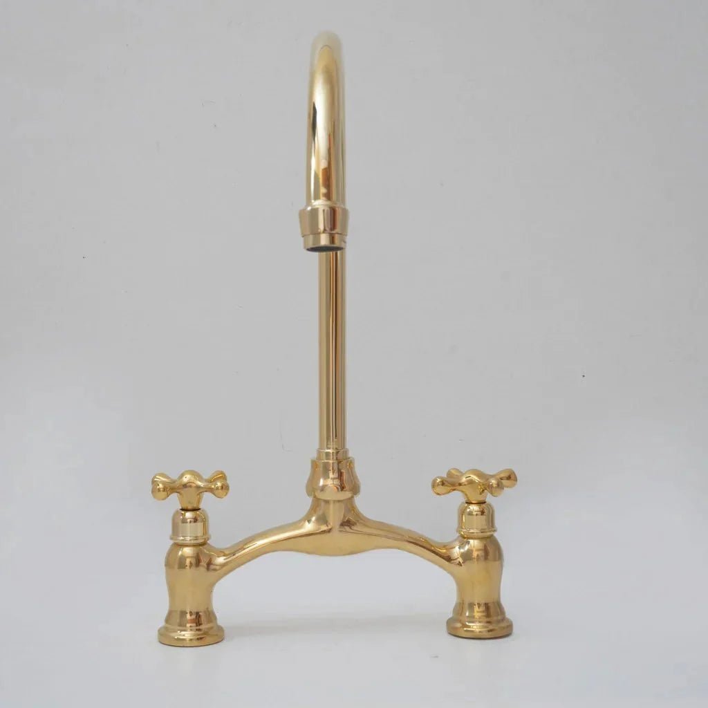 Brass Antique Bridge Kitchen Faucet, V Shaped Unlacquered Brass Tap - BRASSDORIA