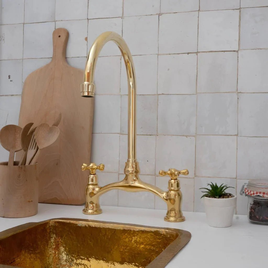 Brass Antique Bridge Kitchen Faucet, V Shaped Unlacquered Brass Tap - BRASSDORIA
