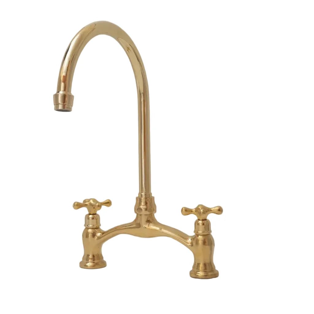 Brass Antique Bridge Kitchen Faucet, V Shaped Unlacquered Brass Tap - BRASSDORIA