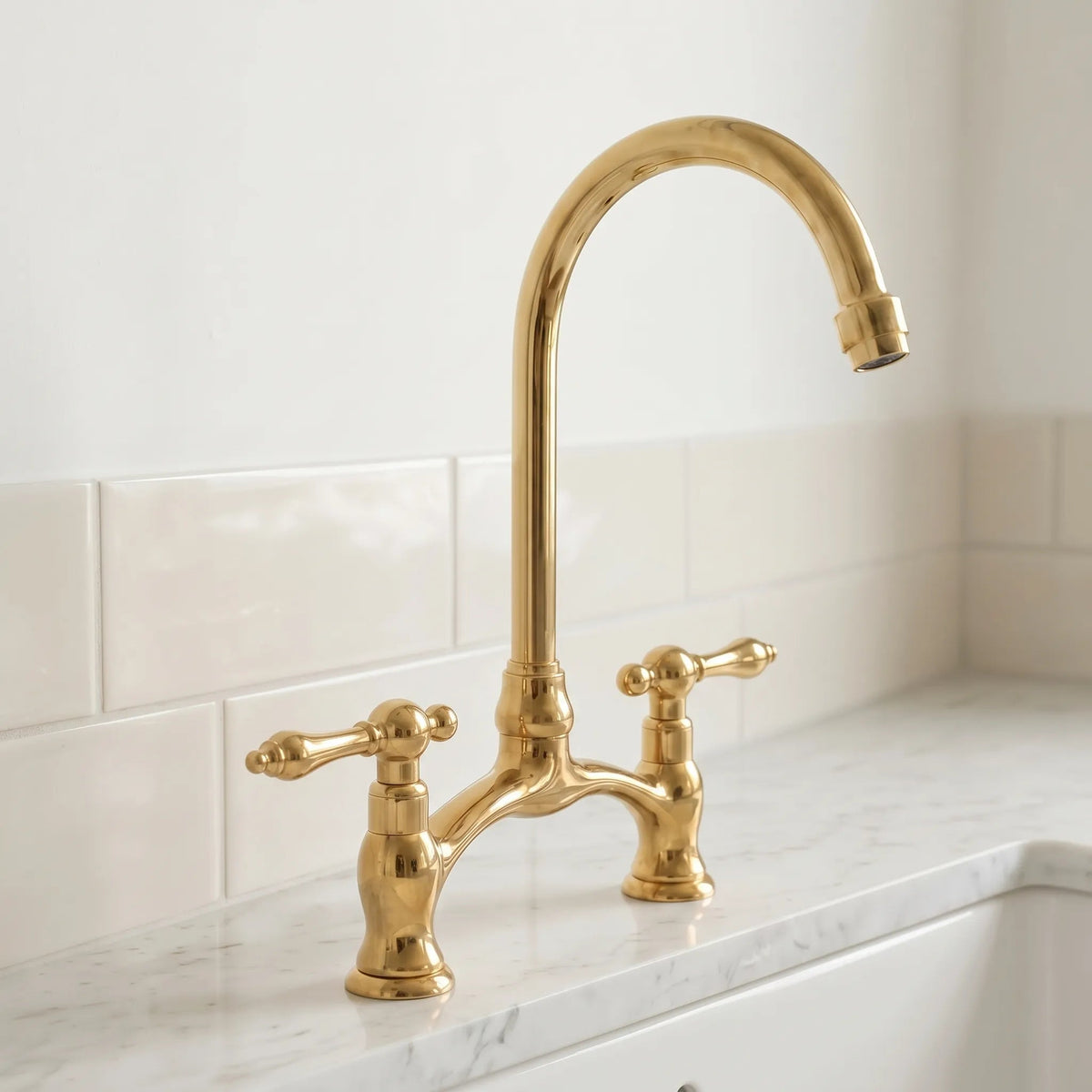 Brass Antique Bridge Kitchen Faucet, V Shaped Unlacquered Brass Tap - BRASSDORIA
