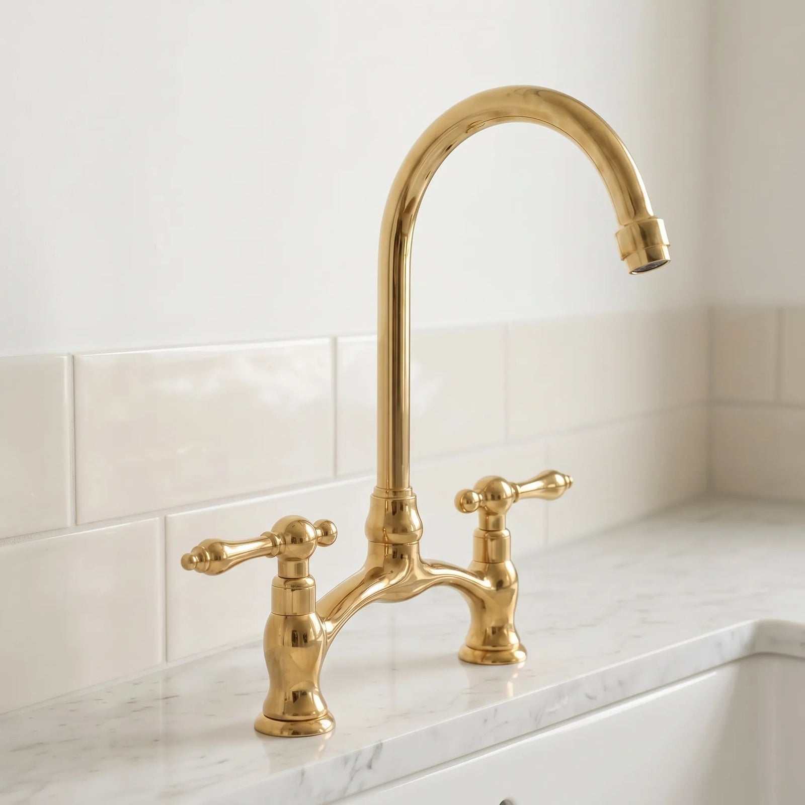 Brass Antique Bridge Kitchen Faucet, V Shaped Unlacquered Brass Tap - BRASSDORIA