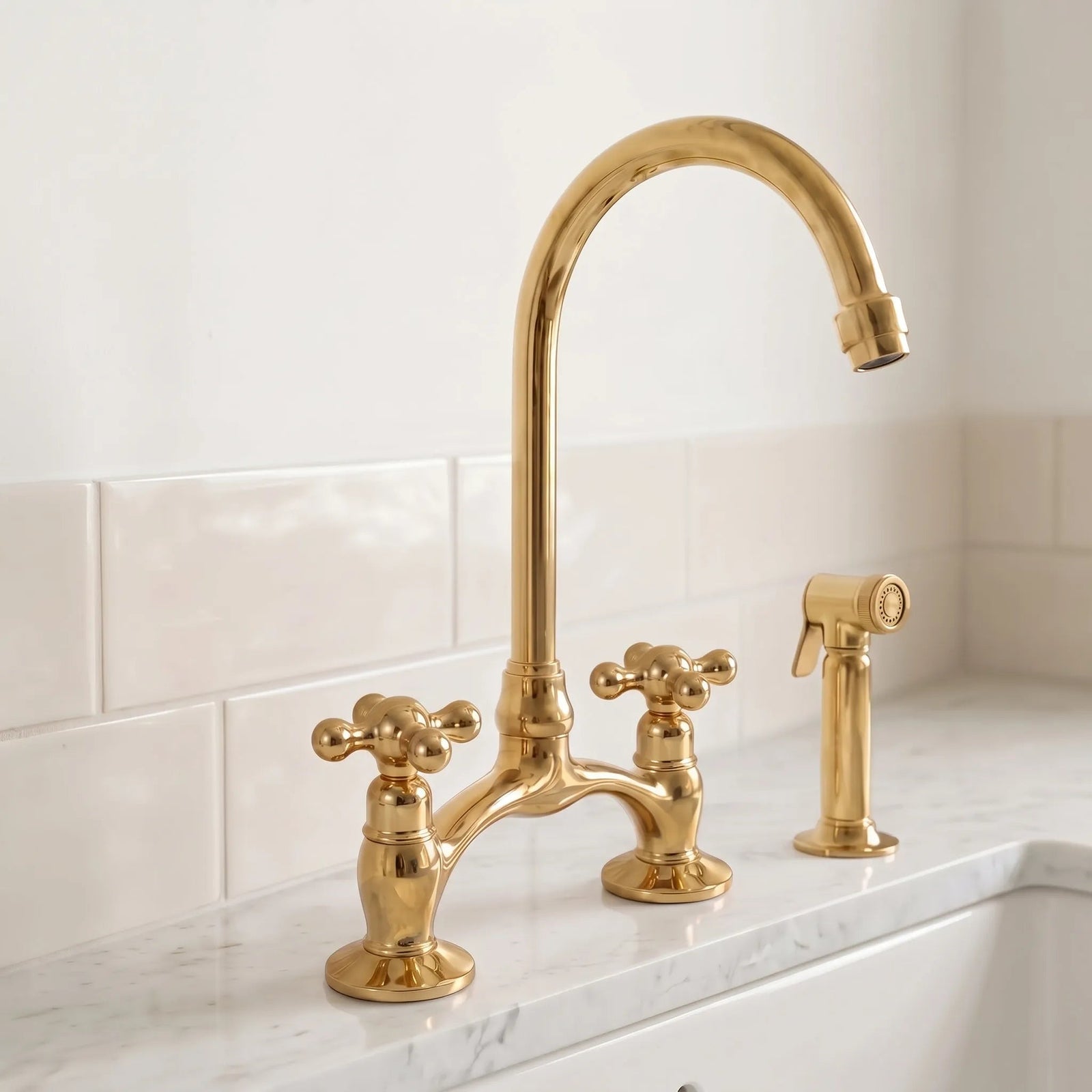 Brass Antique Bridge Kitchen Faucet, V Shaped Unlacquered Brass Tap - BRASSDORIA