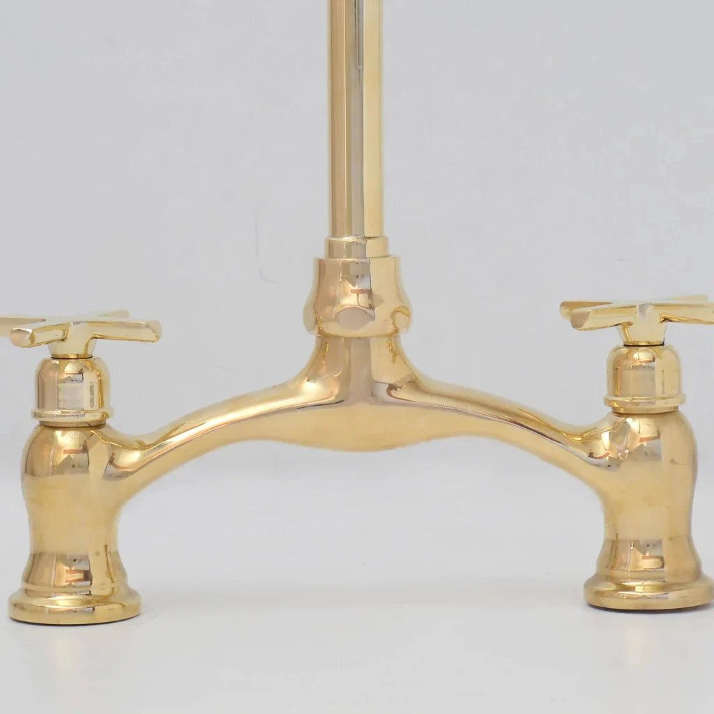 Brass Antique Bridge Kitchen Faucet, V Shaped Unlacquered Brass Tap - BRASSDORIA