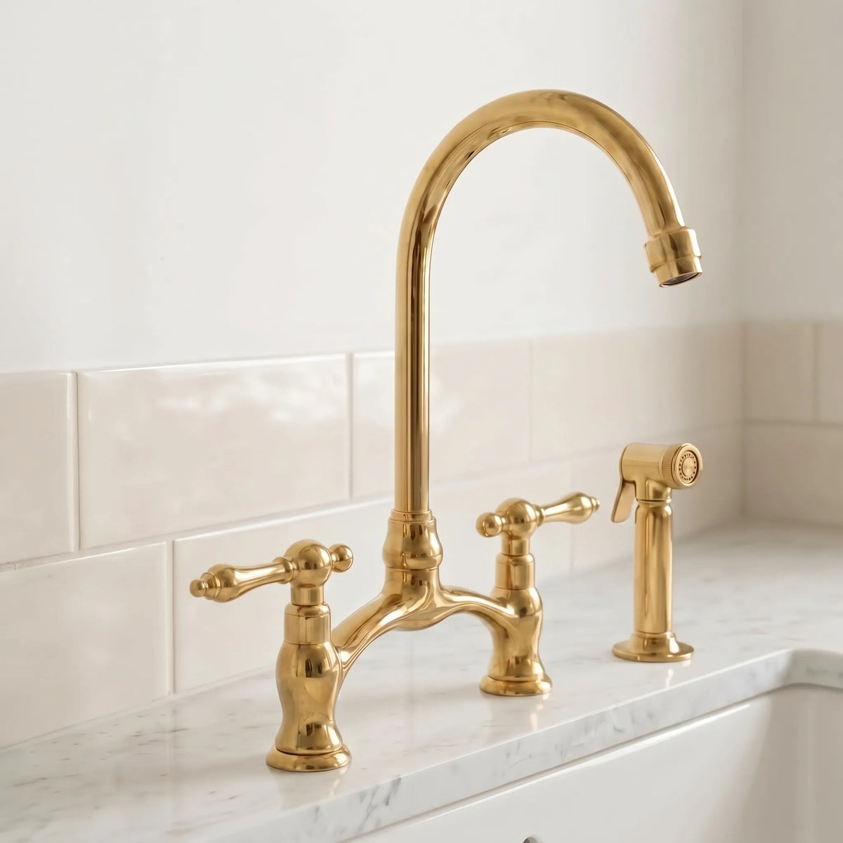 Brass Antique Bridge Kitchen Faucet, V Shaped Unlacquered Brass Tap - BRASSDORIA