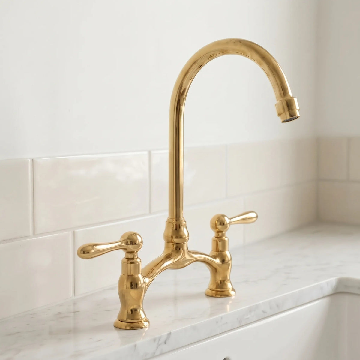 Brass Antique Bridge Kitchen Faucet, V Shaped Unlacquered Brass Tap - BRASSDORIA