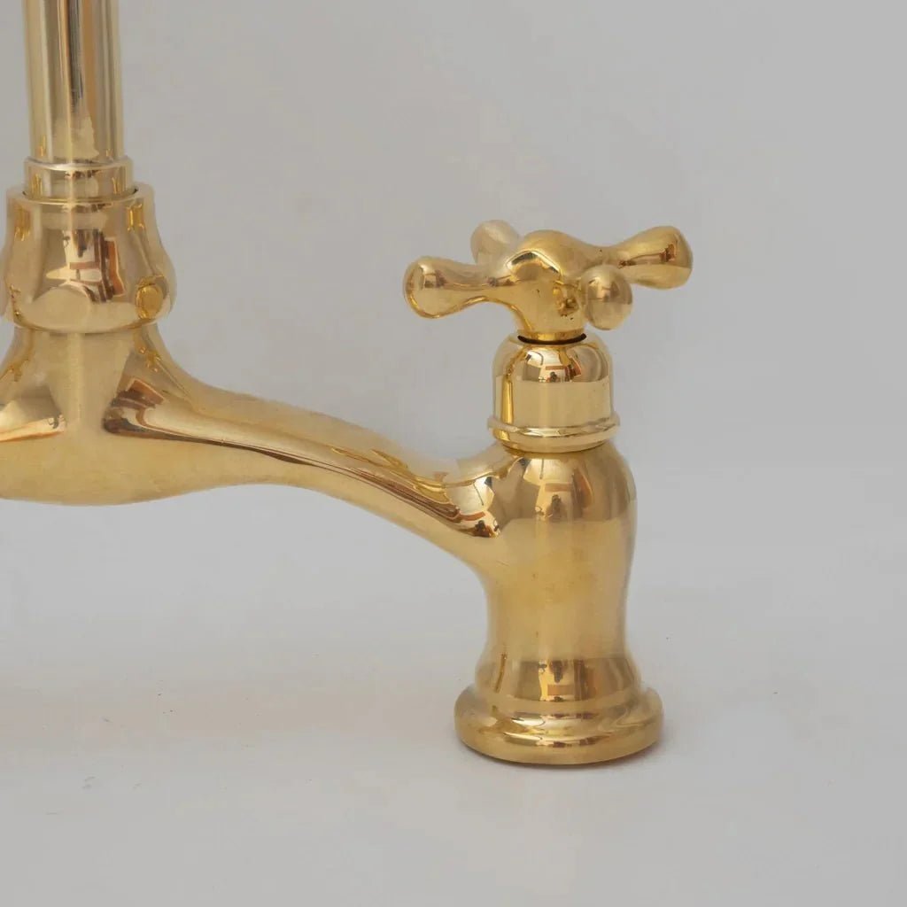 Brass Antique Bridge Kitchen Faucet, V Shaped Unlacquered Brass Tap - BRASSDORIA