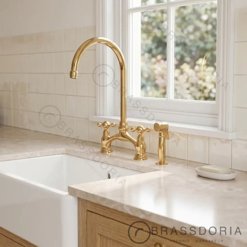 Brass Antique Bridge Kitchen Faucet, V Shaped Unlacquered Brass Tap - BRASSDORIA