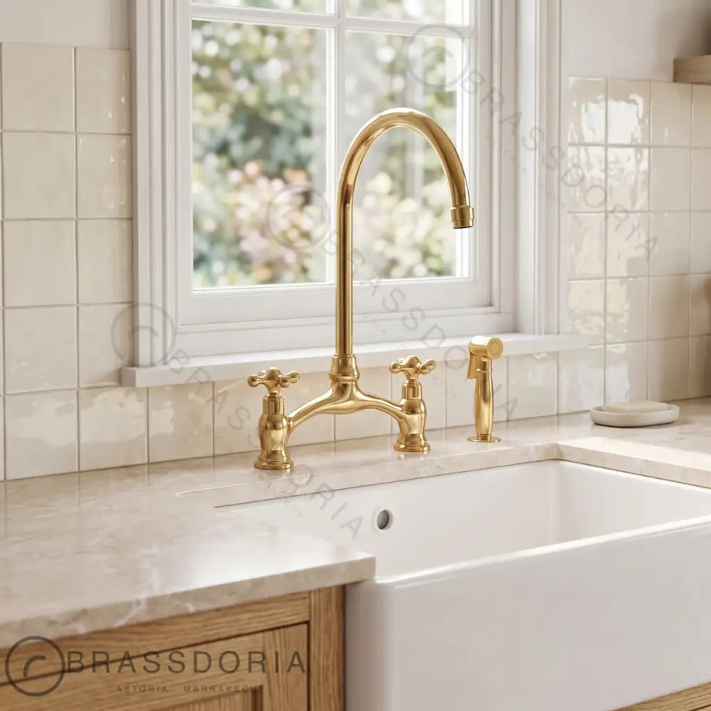 Brass Antique Bridge Kitchen Faucet, V Shaped Unlacquered Brass Tap - BRASSDORIA
