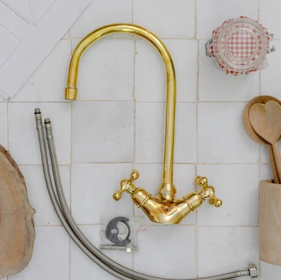 Brass Single Hole Bathroom Faucet, Antique Brass Gooseneck Bathroom Faucet - BRASSDORIA