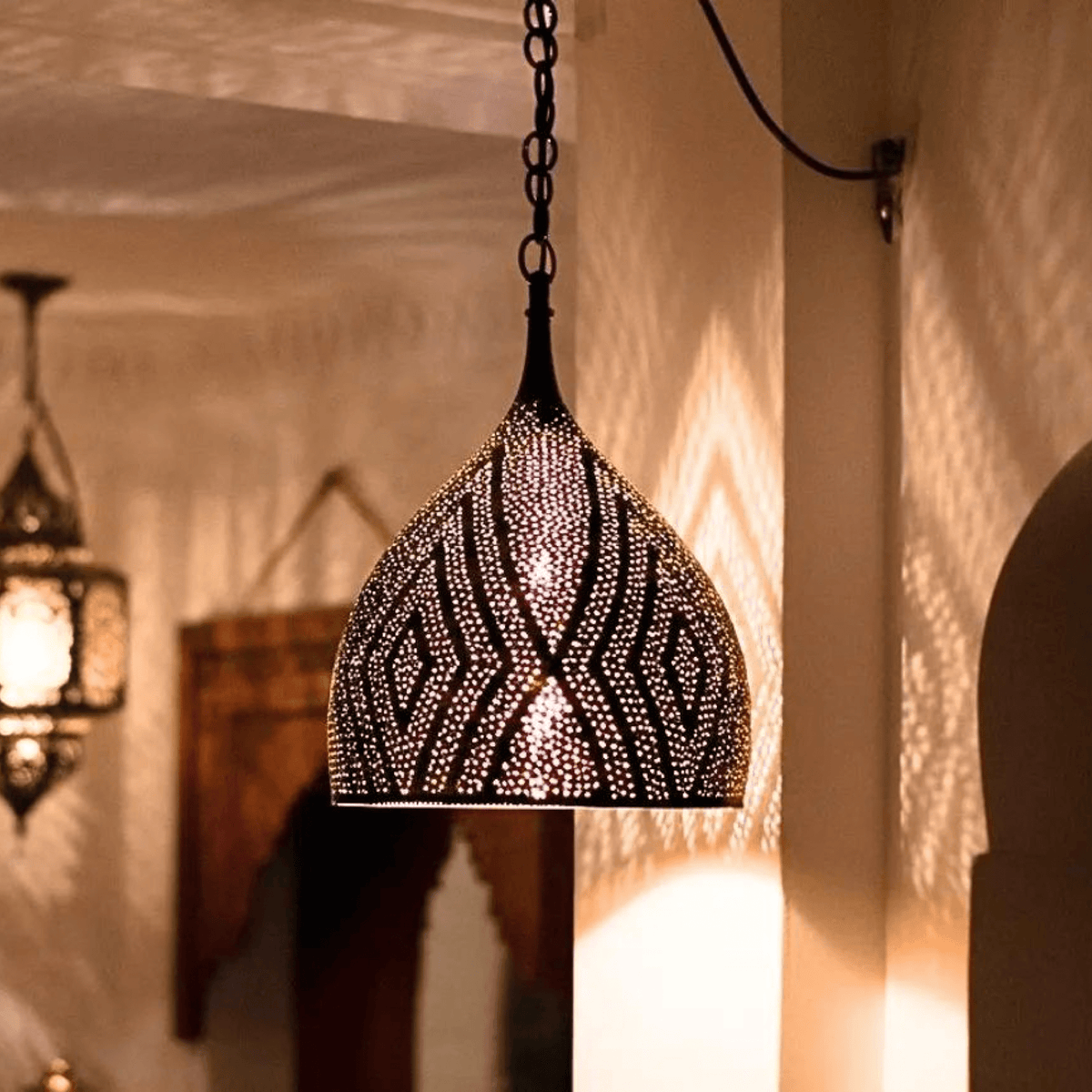 Brass Teardrop Pendant Light – Pierced Moroccan-Style Ceiling Lamp - BRASSDORIA