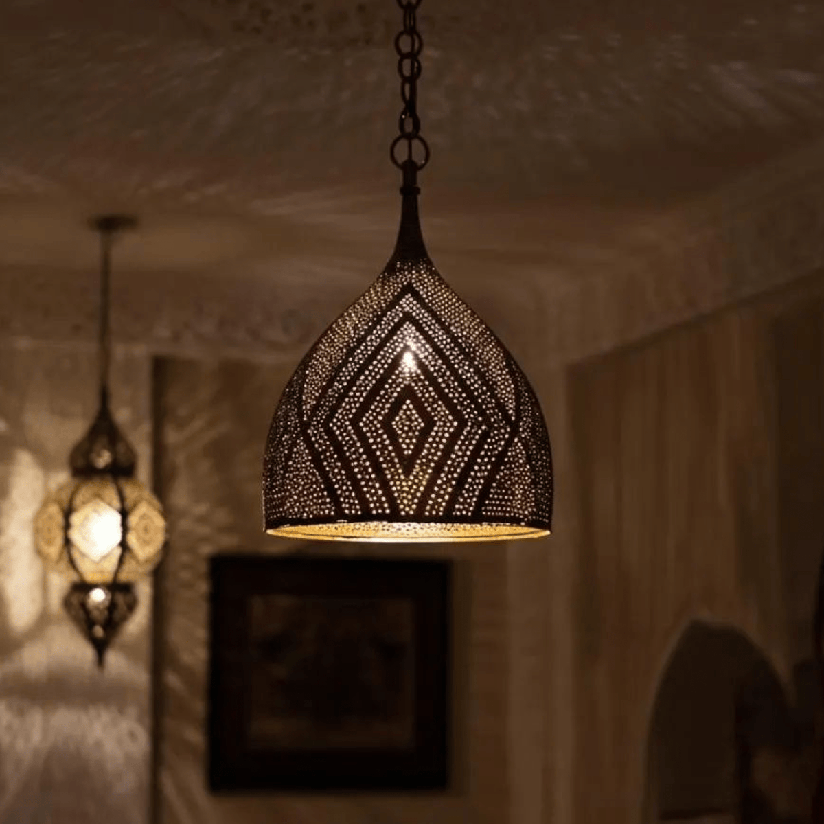 Brass Teardrop Pendant Light – Pierced Moroccan-Style Ceiling Lamp - BRASSDORIA