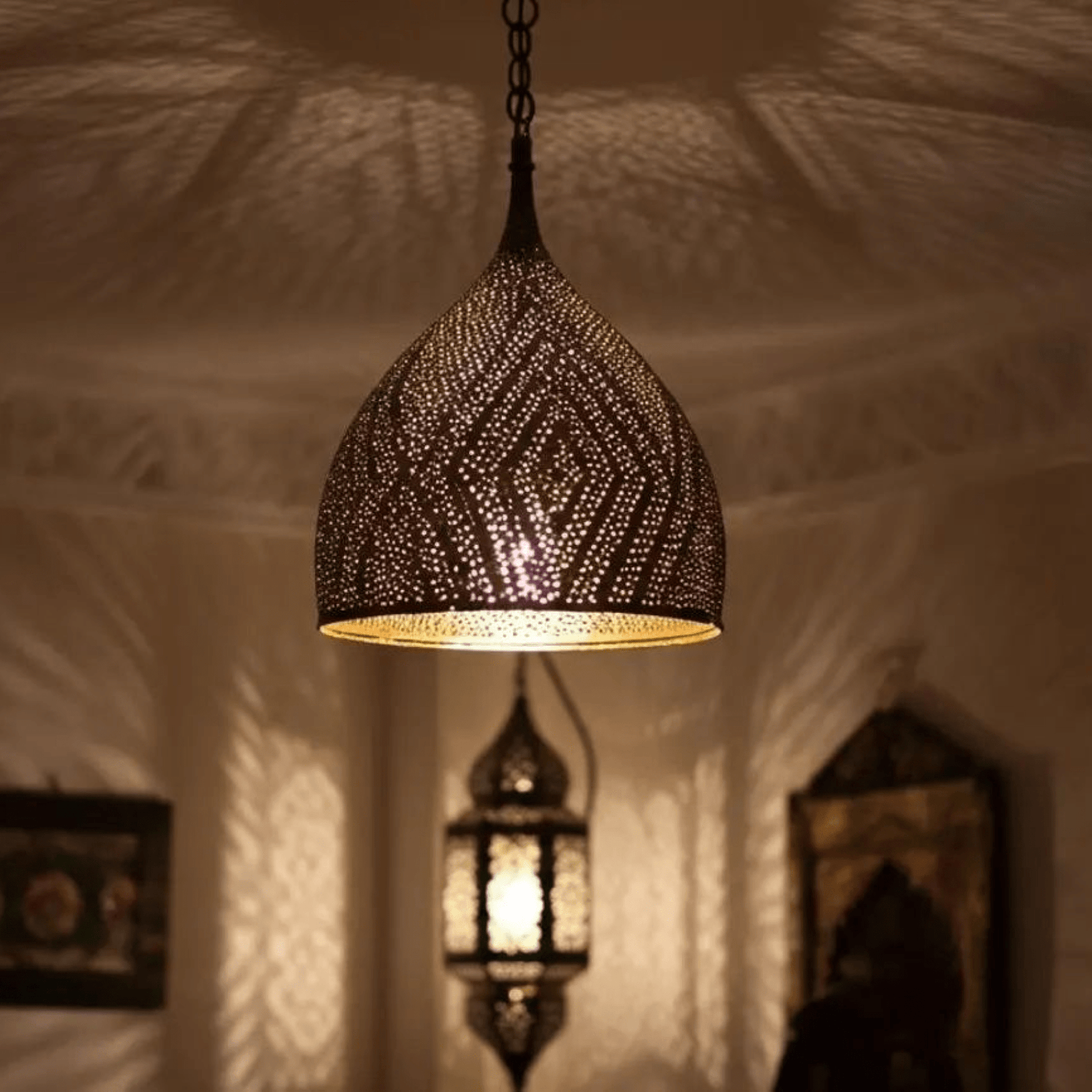Brass Teardrop Pendant Light – Pierced Moroccan-Style Ceiling Lamp - BRASSDORIA