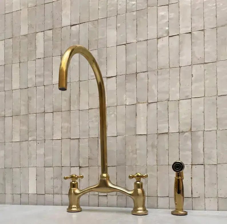 Brass V-Style Bridge Kitchen Faucet, Arched Brass Tap - BRASSDORIA